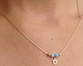 Star of david necklace ,14k gold filled ,blue opal necklace, delicate necklace - 10040