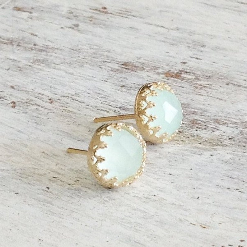 Jade earrings Stud,Dainty Jade Earrings,Green Jade Gemstone earrings,Wedding Earrings,Gold filled or sterling silver,Jade Jewelry size 8mm image 1