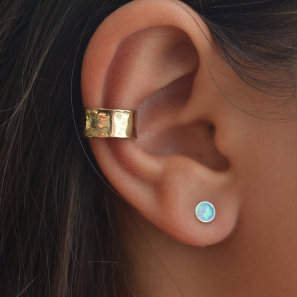 Ear cuff gold no piercing & blue Opal stud  erring gold filed - set of 2 Earrings Hammered silver or gold