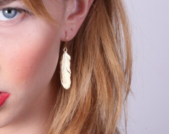 Feather Earrings, long feather earrings, dangle earrings feather, gold filled or serling silver, feather jewelry - 20072