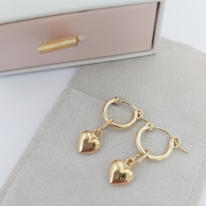 Gold Heart Hoop Earrings, Valentines Day Gift, Gold Heart Earring Dangle, Small Heart Earrings, Love Earrings, Sterling Silver Heart Hoops