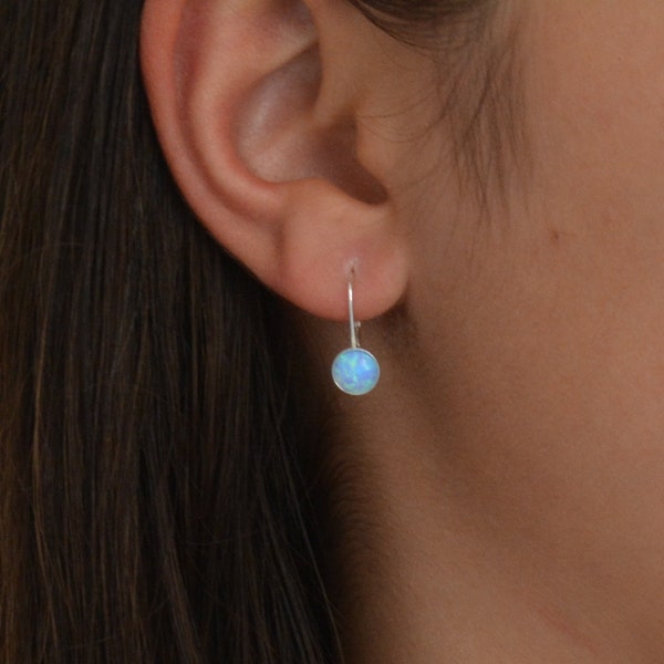 Opal Earrings,Sterling Silver Opal Earrings,Leverback hook,Drop and Dangle,Opal Earrings Silver,Blue Fire Opal Earrings,Size 6mm,Gift