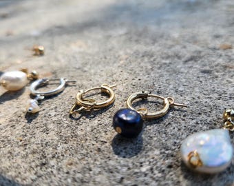 Hoop Earrings, Pearl Hoop Earrings ,Sterling Silver or Gold filled Earrings, Black pearl , White Pearl,Hoops for Women