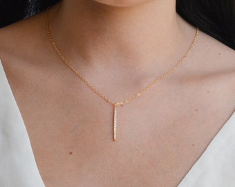 Diamond Bar Necklace,CZ Diamond Necklace,CZ Bar Necklace,Cubic Zirconia Bar Necklace,Delicate, Dainty CZ Bar Necklace on 14k Gold Fill Chain