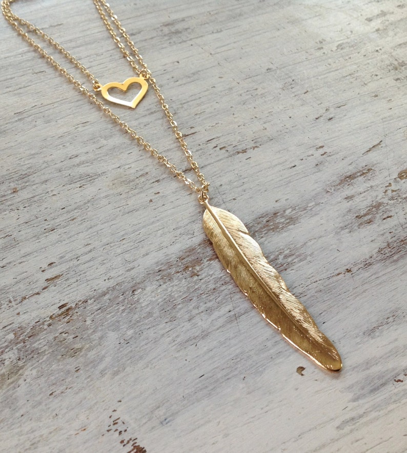 10030 unique necklace Double pendant necklace Feather and heart necklace front to back necklace Gold necklace back necklace