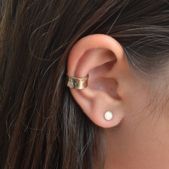 Set of Earrings-Ear cuff and Opal stud Earrings,Opal Earrings,Adjustable Ear Cuff,Hammered Ear cuff,Opal Stud Earring,Gold Stud Earrings