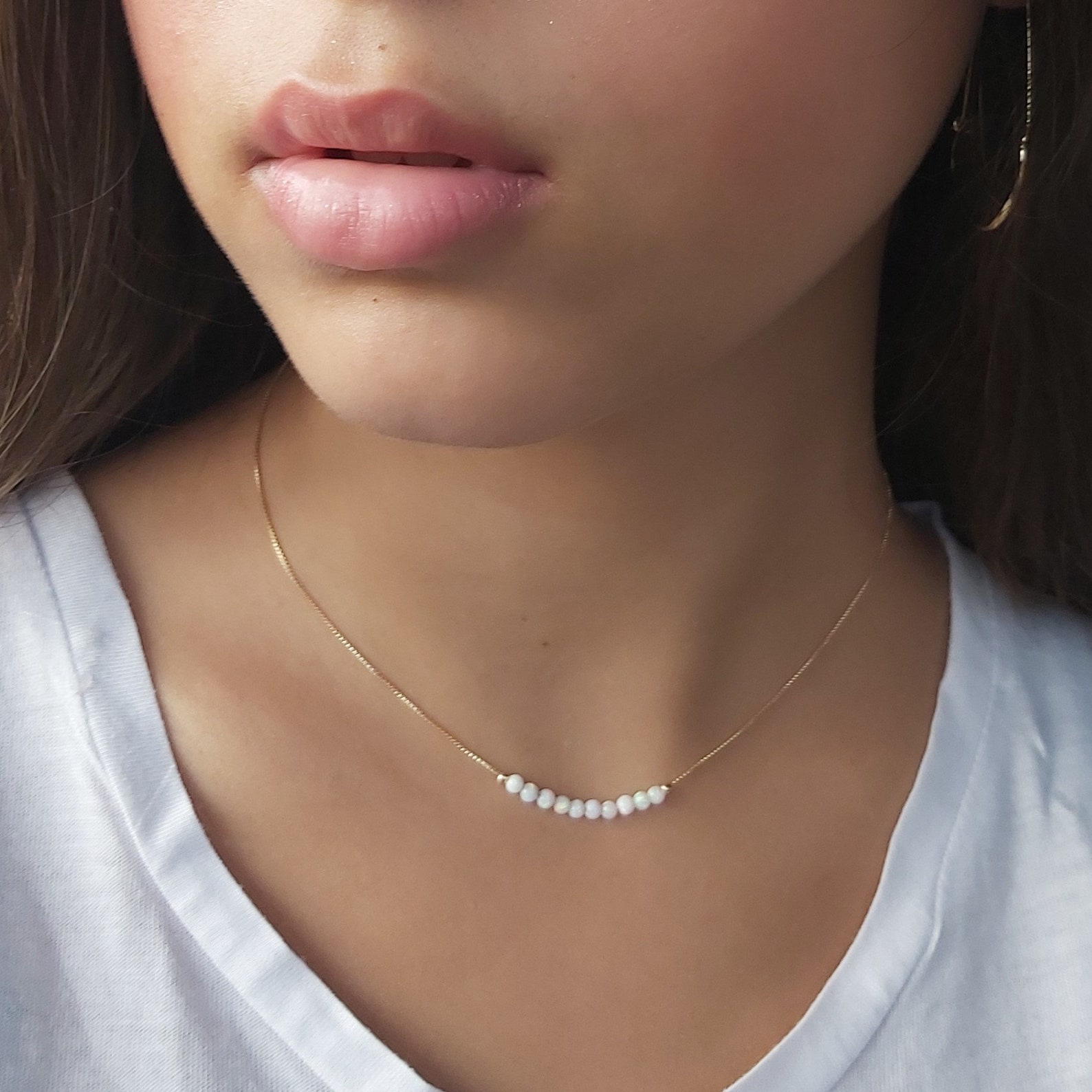 White Opal Beaded Necklaceopal Necklace Tiny Opal Bead Etsy