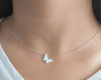 White Opal Butterfly Necklace,Sterling silver Butterfly Necklace,Opal jewelry,Luck Butterfly Pendant,Opal Necklace For Women Girl Gift