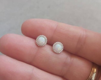 White Opal stud earrings, Sterling Silver opal Earrings,Small Opal Studs, Dainty Earrings, Minmalist Silver Earrings, Gift