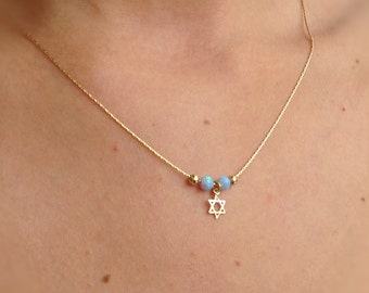 Gold necklace, opal necklace, star of david necklace ,14k gold filled ,blue opal necklace, delicate necklace - 10040