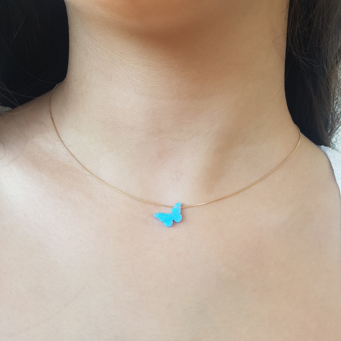 White Opal Butterfly Necklace Gift for Women Girl Delicate Opal jewelry Gold Filled Box Chain