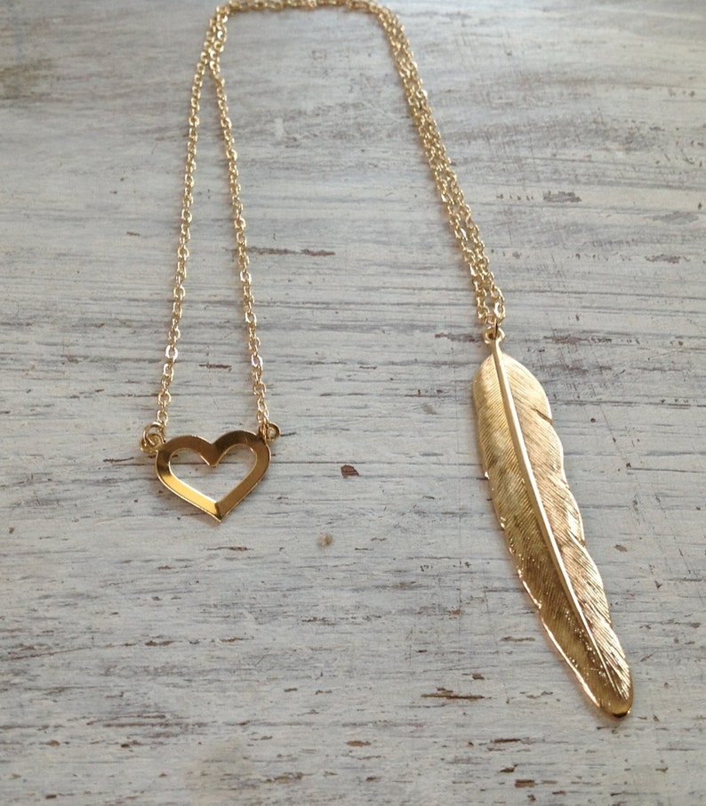 10030 unique necklace Double pendant necklace Feather and heart necklace front to back necklace Gold necklace back necklace