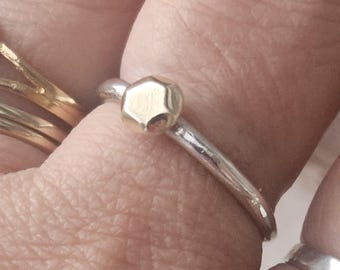 Dainty Hexagon Ring, Solid Gold Ring Sterling Silver, Two Tone Ring , Mixed Metal Ring, Geometric ring, Gold Stacking Rings, Dainty Ring