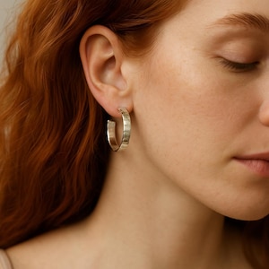 Sterling Silver Hammered Hoop Earrings Wide 5mm Open Hoops, Boho Chic Wrap Hoops, Everyday Minimalist Earrings for Women