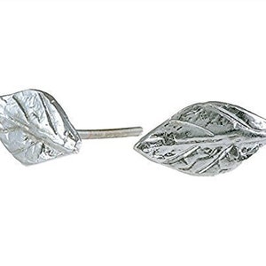 May include: A pair of silver leaf stud earrings. The leaves are textured and have a slightly diamond shape.