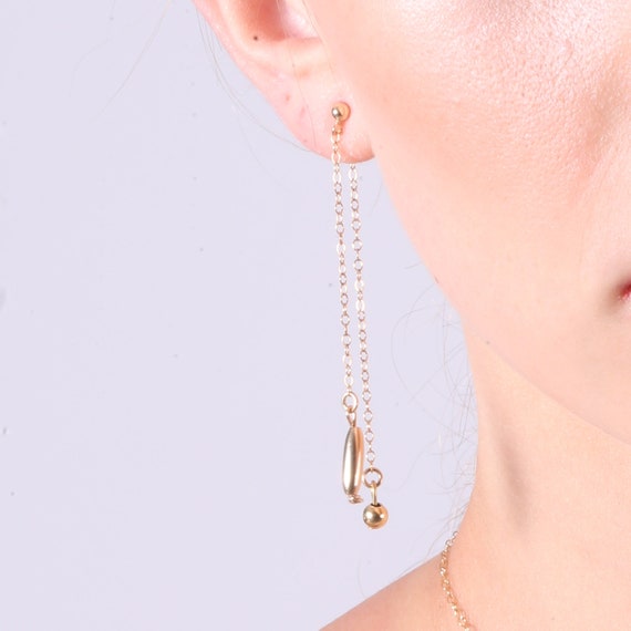 Gold Chain Earrings Double Side Earrings Gold Earrings 14K Gold