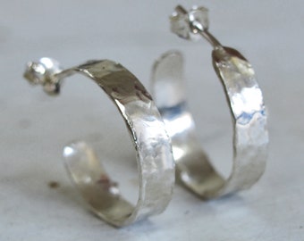 Silver Hoop Earrings,Open Hoop Earrings with post,Sterling Silver Earrings,Hammered Hoop,Wide 5mm Wrap Hoops for Women,Boho Style