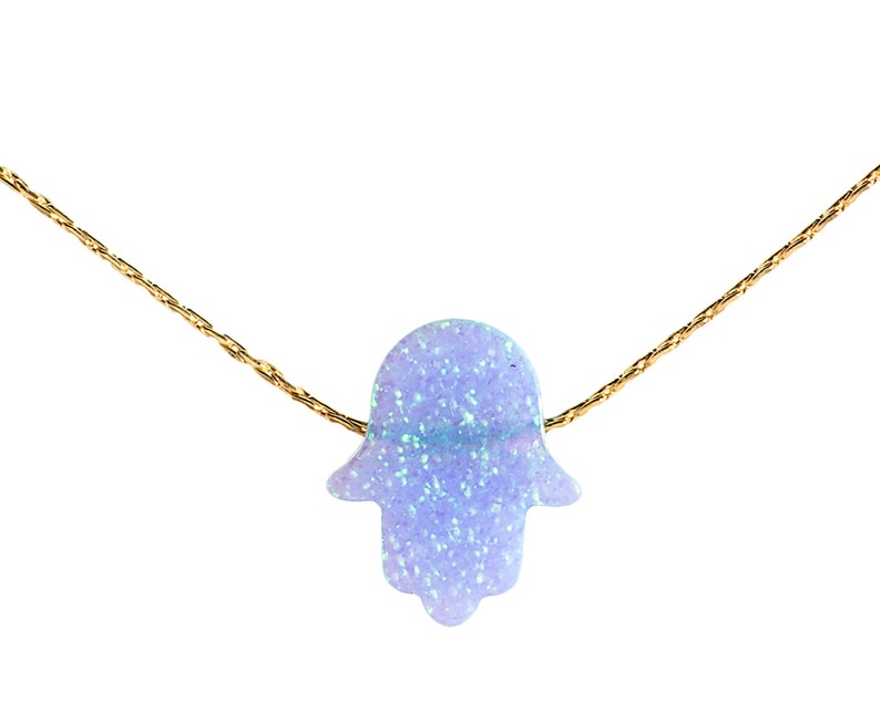 Opal necklace,Hamsa Opal necklace,dainty necklace ,14k gold filled,white opal necklace,blue hamsa necklace image 2