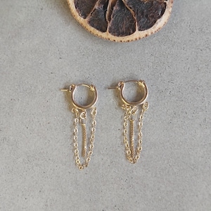 Gold Chain Earrings, Chain Hoop Earrings, Dainty Earrings, Drop Chain Hoop Earrings, Huggie Hoop Chain Earrings, Hoop with chain