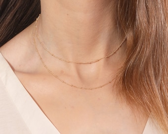 Gold Layered Necklace, 14K Gold Filled Satellite Dainty Chain,Delicate Handmade Gold Jewelry 16"+extension