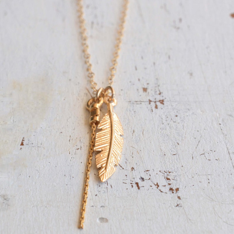 Gold necklace, Feather necklace, unique necklace, leaf necklace, delicate necklace, style, feather pendant image 6