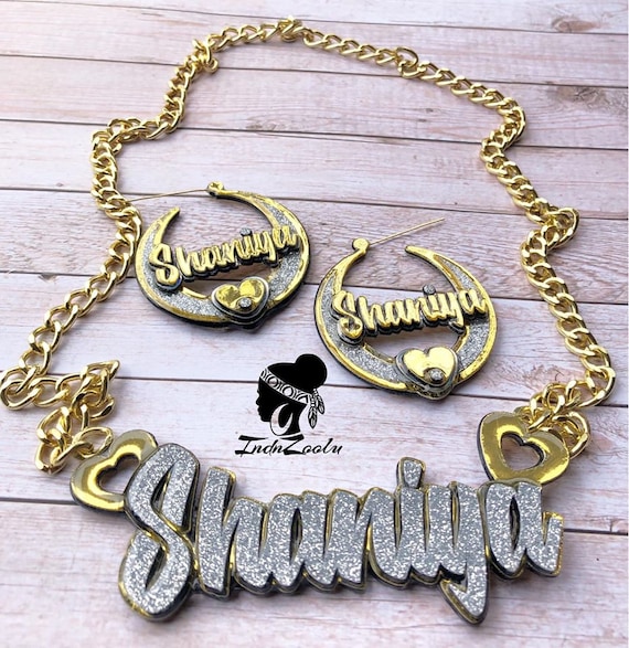 Nameplate earrings deals and necklace