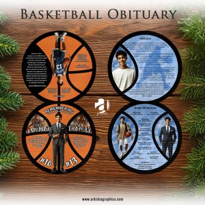Peut inclure: Un hommage commémoratif sur le thème du basketball pour Jamison Thomas, avec une photo de lui en costume et cravate, avec les numéros 10 et 13 sur les ballons de basket. Le texte "Remembering Jamison Thomas" est en haut du ballon de basket. Le texte "Obituary" est en haut d'un ballon de basket bleu et blanc avec une photo de Jamison en uniforme de basket. Le texte "Order of Service" est en haut d'un ballon de basket bleu et blanc avec une photo de Jamison en costume et cravate.