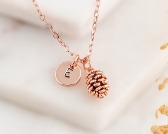 Rose Gold Pine Cone Necklace with Initial - Personalised Birthday Gift for Her - Rose Gold Necklace - Nature Jewelry Gifts for Women