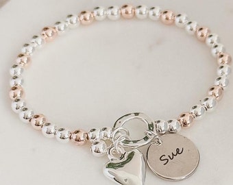Bracelet coeur prénom gravé : breloque perles en or rose et argent