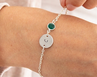 Initial & Birthstone Bracelet - Hand Stamped Initial Jewellery Gift for Her - Silver Plated Initial Bracelets for Women