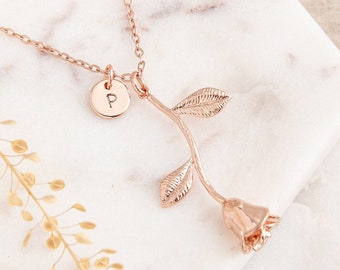 Rose Gold Rose Necklace with Initial Charm | Bridesmaid Gift | Rose Gold Necklace | Personalised Gift for Her | Gift for Girlfriend