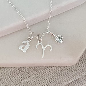 Aries Necklace with April Birthstone Sterling Silver Initial & Birthstone Necklace Birthday Gift For Her Personalised Aries Jewellery image 1