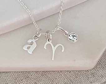 Aries Necklace with April Birthstone - Sterling Silver Initial & Birthstone Necklace - Birthday Gift For Her - Personalised Aries Jewellery