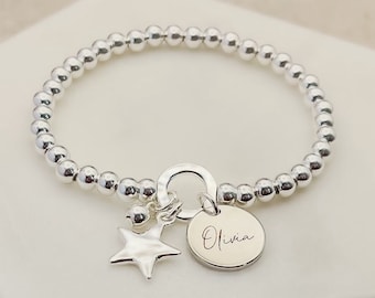 Engraved Name Bracelet with Star Charm - Personalised Bracelet - Silver Bracelets for Women - Personalized Jewelry Gifts for Her