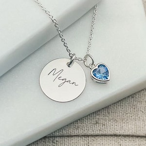 Personalised Birthstone Necklace Engraved Necklace & Birthstone Heart Birthday Gift for Her Name Jewellery Personalized Gift for Mum image 3