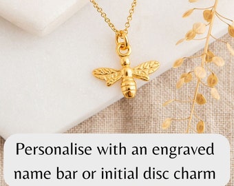 Dainty Gold Bee Necklace with Engraved Name Bar - Personalized Gifts for Women - Personalised Gift for Her - Bee Jewelry - Gifts for Mom