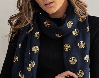 Personalised Gold Tree of Life Scarf - Black Scarf - Personalized Mothers Day Gifts - Birthday Gifts for Her - Letterbox Gifts for Women