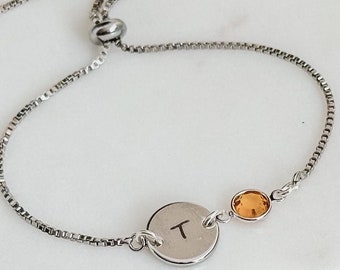 Engraved Initial & Birthstone Bracelet | Birthday Gift for Her | Personalised Birthstone Jewelry Gift