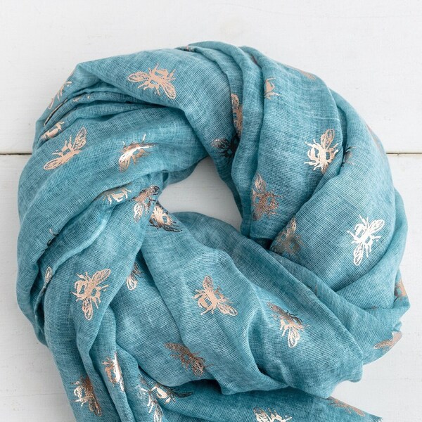 Foulard turquoise avec abeilles or rose - Foulard abeille personnalisé - Cadeau boîte aux lettres pour femme - Cadeaux d'anniversaire pour elle - Cadeaux pour la fête des Mères