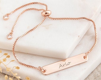 Rose Gold Name Bar Bracelet - Engraved Bracelets for Women - Personalised Jewelry Birthday Gifts for Her - Personalised Bridesmaid Gifts