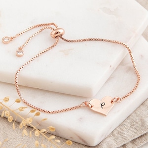 Rose Gold Heart Bracelet with Initial, Initial Bracelet, Birthday Gift Idea, Bracelet for Women, Personalized Jewelry, Bridesmaid Gifts