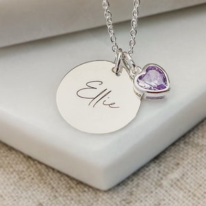 Personalised Birthstone Necklace Engraved Necklace & Birthstone Heart Birthday Gift for Her Name Jewellery Personalized Gift for Mum image 1