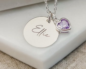 Personalised Birthstone Necklace - Engraved Necklace & Birthstone Heart - Birthday Gift for Her- Name Jewellery - Personalized Gift for Mum