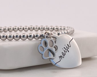 Engraved Paw Print Bracelet: Personalized Stainless Steel Beaded Bracelet
