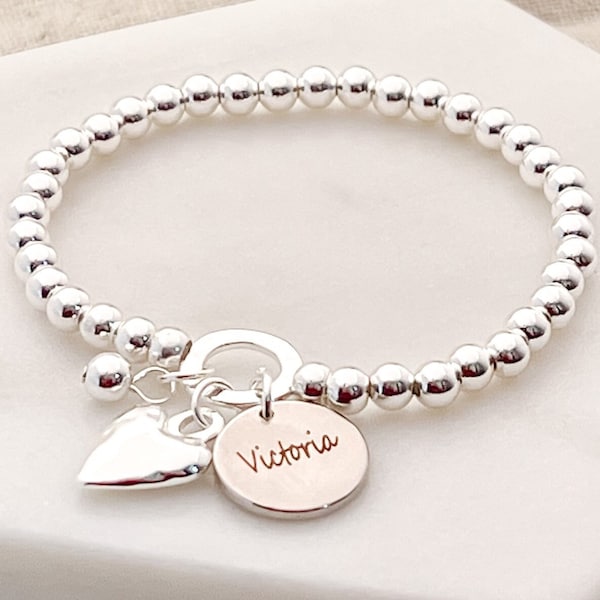 Bracelet coeur et prénom gravés - Cadeaux bijoux personnalisés pour elle - Cadeau d'anniversaire pour femme - Cadeau pour maman - Bracelet en argent personnalisé