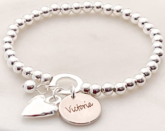 Bracelet coeur et prénom gravés - Cadeaux bijoux personnalisés pour elle - Cadeau d'anniversaire pour femme - Cadeau pour maman - Bracelet en argent personnalisé