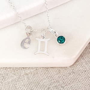 Sterling Silver Gemini & Initial Necklace with June Birthstone Personalized Birthday Gift for Her Zodiac Jewelry Gift for Women yes, add May