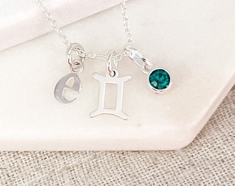 Sterling Silver Gemini & Initial Necklace with May Birthstone - Personalized Birthday Gift for Her - Birthstone Jewelry Gift for Women