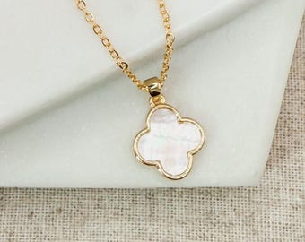Mother Of Pearl Clover Necklace | Minimalist Gold Plated White Clover Pendant | Elegant Birthday Gift For Her