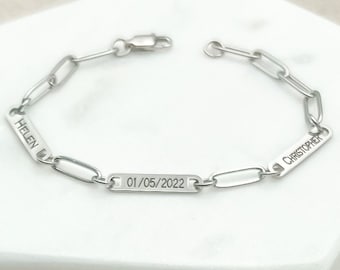 Engraved Name Bar Bracelet: Stainless Steel Paperclip Chain